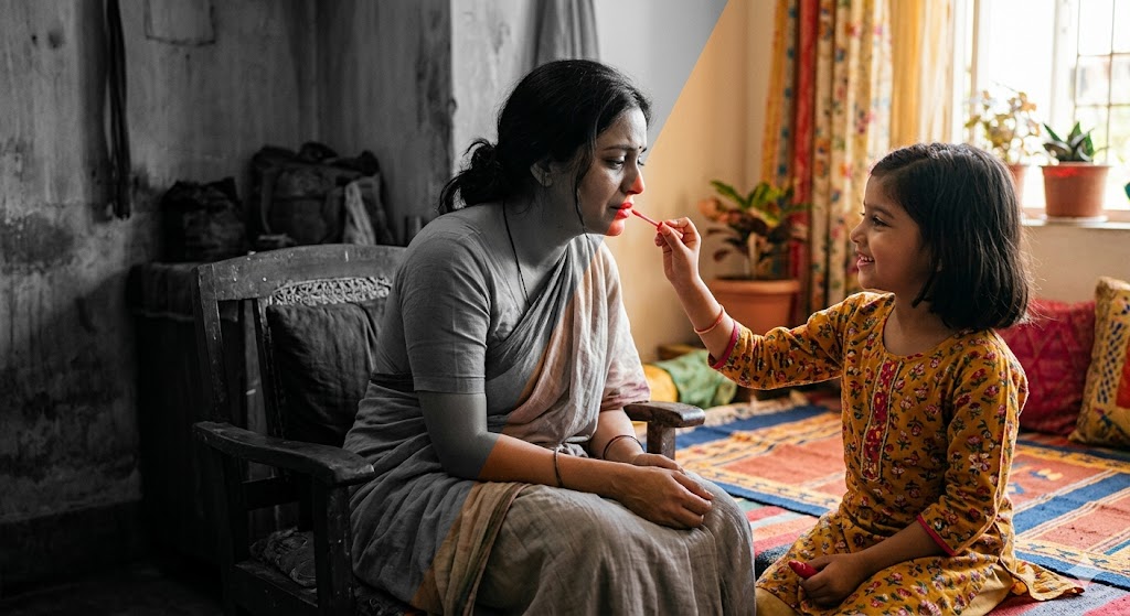 माँ और बेटी का भावुक दृश्य, बेटी अपनी माँ को लाल लिपस्टिक लगाते हुए, जीवन में रंग लौटने का प्रतीक