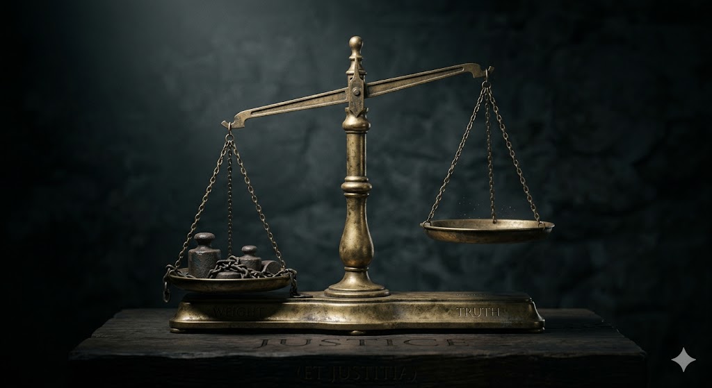 न्याय का प्रतीक तराजू, एक ओर झुका हुआ संतुलन, विचारशील वातावरण