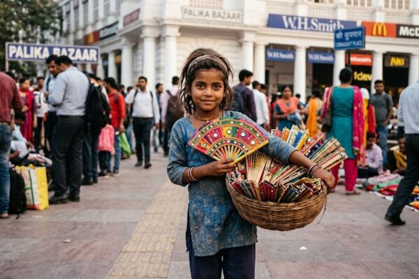 कनॉट प्लेस में रंग-बिरंगे पंखे बेचती एक छोटी लड़की, मासूम आंखों और श्रम से भरी हथेलियों के साथ