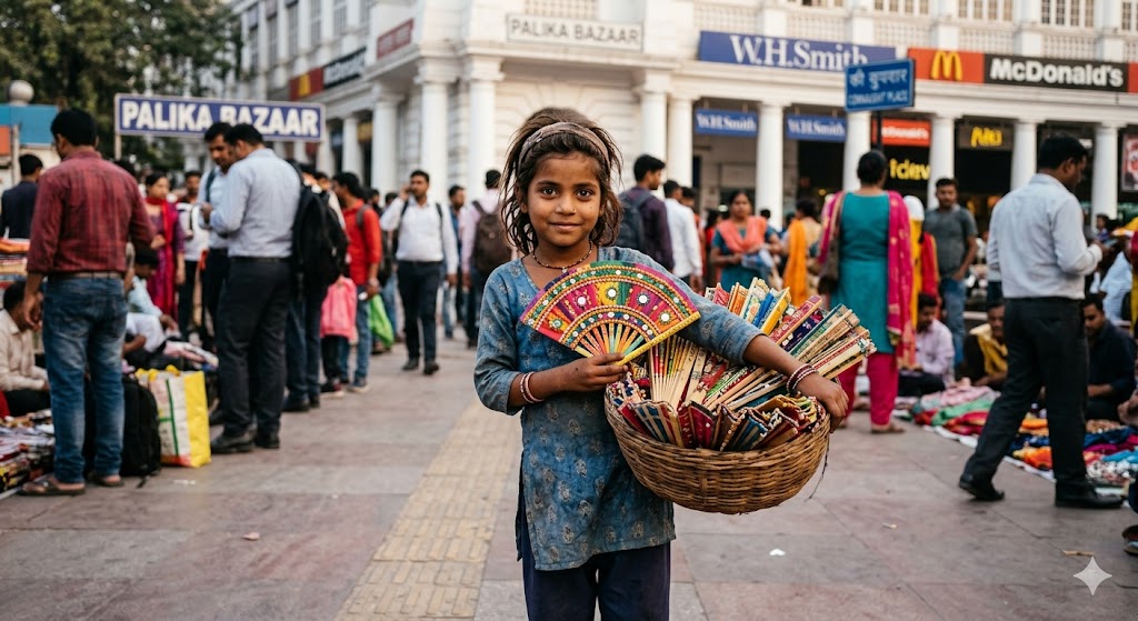 कनॉट प्लेस में रंग-बिरंगे पंखे बेचती एक छोटी लड़की, मासूम आंखों और श्रम से भरी हथेलियों के साथ