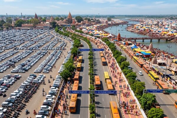 सिंहस्थ 2028 के दौरान उज्जैन में शहर के बाहर मल्टीलेवल पार्किंग में खड़े वाहन और मेला क्षेत्र की ओर श्रद्धालुओं को ले जाती शटल बसें, व्यवस्थित ट्रैफिक और साइन एज सिस्टम के साथ.