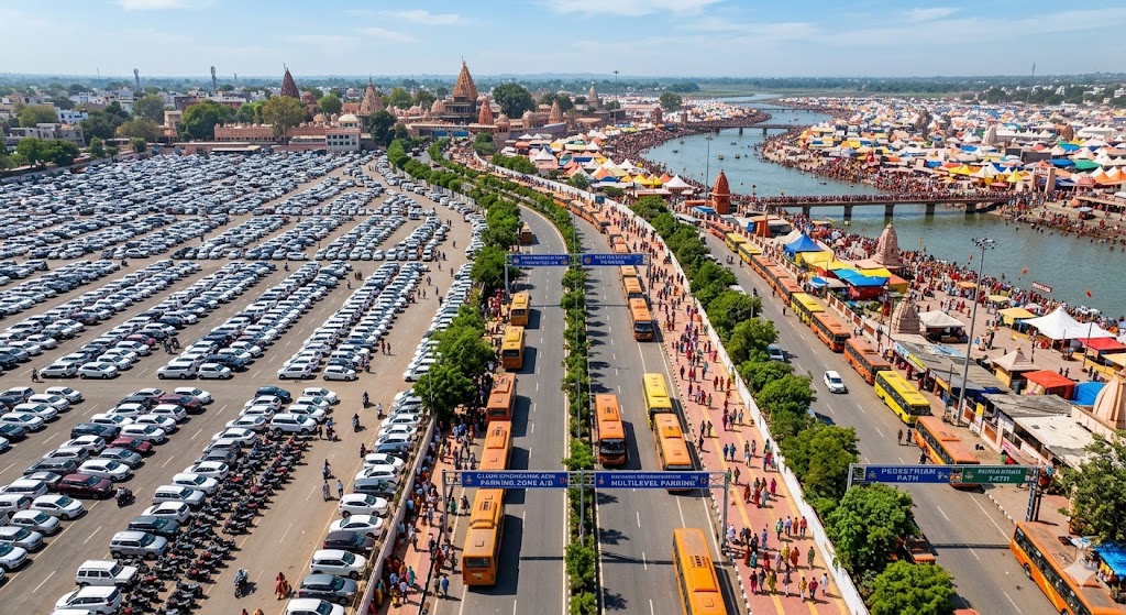 सिंहस्थ 2028 के दौरान उज्जैन में शहर के बाहर मल्टीलेवल पार्किंग में खड़े वाहन और मेला क्षेत्र की ओर श्रद्धालुओं को ले जाती शटल बसें, व्यवस्थित ट्रैफिक और साइन एज सिस्टम के साथ.