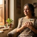 एक युवती पुराने पोस्टकार्ड को हाथ में लेकर भावुक होती हुई, अपने पहले प्यार और यादों में खोई हुई।