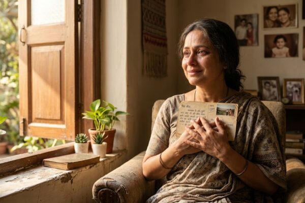 एक युवती पुराने पोस्टकार्ड को हाथ में लेकर भावुक होती हुई, अपने पहले प्यार और यादों में खोई हुई।