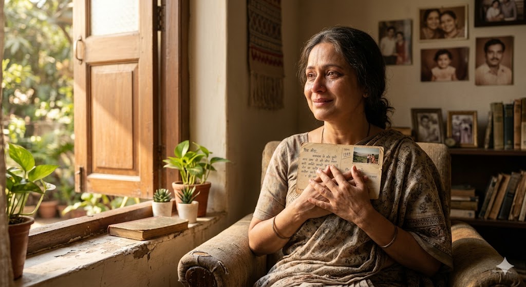 एक युवती पुराने पोस्टकार्ड को हाथ में लेकर भावुक होती हुई, अपने पहले प्यार और यादों में खोई हुई।