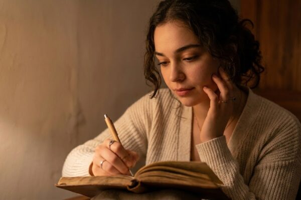 अकेली बैठी युवती डायरी में अपने मन को पत्र लिखते हुए, आत्मसंवाद और भावनात्मक अभिव्यक्ति