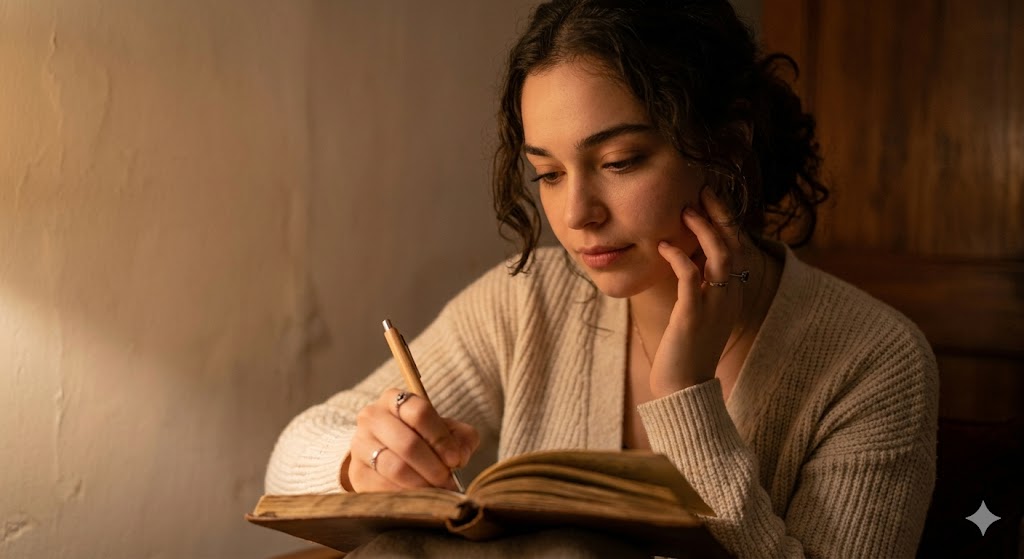 अकेली बैठी युवती डायरी में अपने मन को पत्र लिखते हुए, आत्मसंवाद और भावनात्मक अभिव्यक्ति