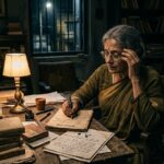 एक अकेला कवि रात में दीपक की रोशनी में कविता लिखता हुआ, भावनात्मक और तन्हा माहौल।