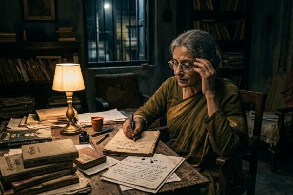 एक अकेला कवि रात में दीपक की रोशनी में कविता लिखता हुआ, भावनात्मक और तन्हा माहौल।