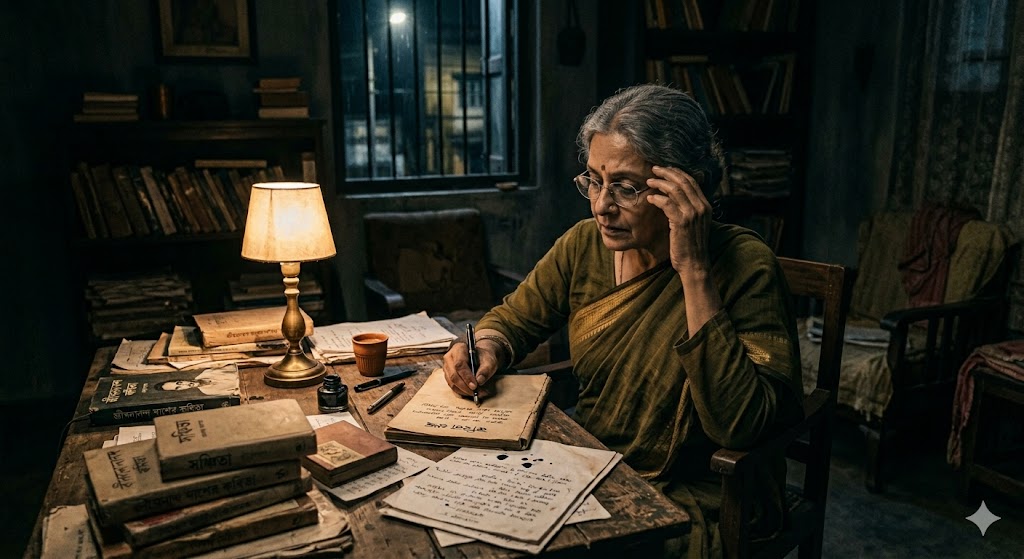 एक अकेला कवि रात में दीपक की रोशनी में कविता लिखता हुआ, भावनात्मक और तन्हा माहौल।