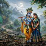 वृंदावन में संध्या समय बांसुरी बजाते कृष्ण और लज्जा से झुकी नजरों के साथ खड़ी राधा का दिव्य दृश्य