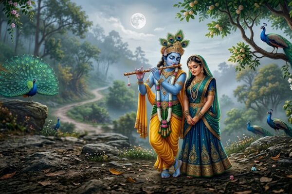 वृंदावन में संध्या समय बांसुरी बजाते कृष्ण और लज्जा से झुकी नजरों के साथ खड़ी राधा का दिव्य दृश्य