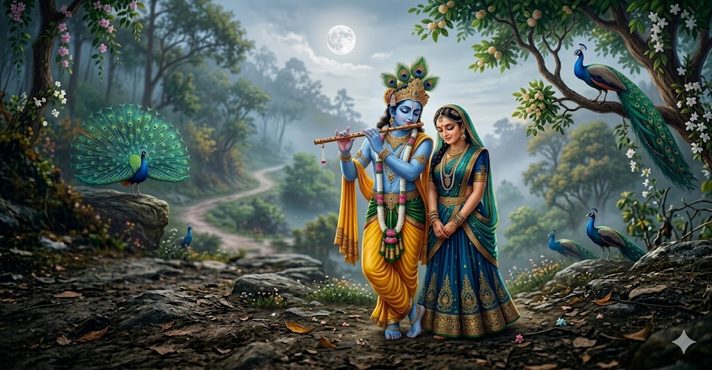 वृंदावन में संध्या समय बांसुरी बजाते कृष्ण और लज्जा से झुकी नजरों के साथ खड़ी राधा का दिव्य दृश्य