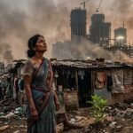प्रदूषित शहर में झोपड़ी के पास खड़ी महिला धुएँ से भरे आसमान को देखते हुए