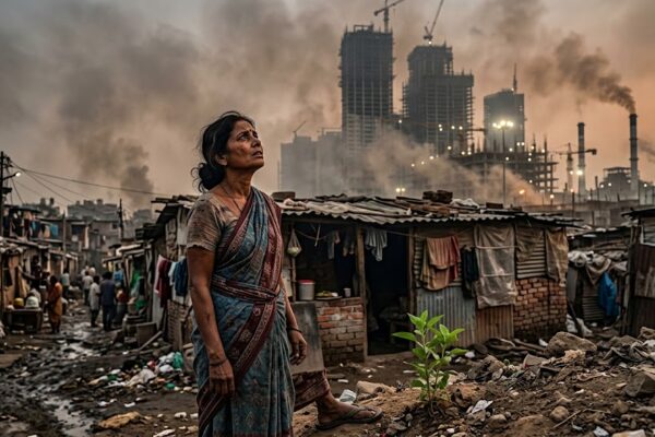 प्रदूषित शहर में झोपड़ी के पास खड़ी महिला धुएँ से भरे आसमान को देखते हुए