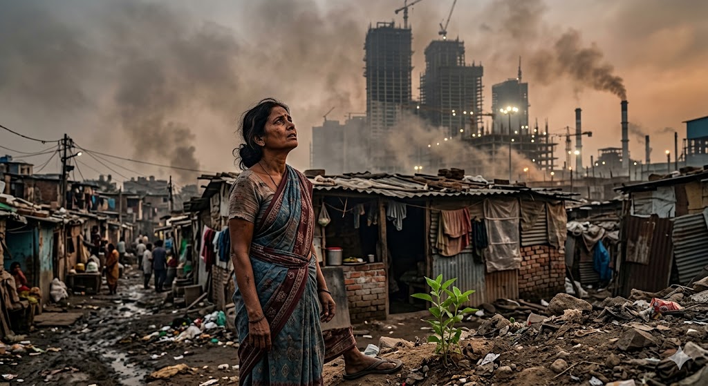 प्रदूषित शहर में झोपड़ी के पास खड़ी महिला धुएँ से भरे आसमान को देखते हुए