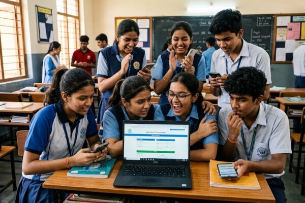 मोबाइल और लैपटॉप पर MP Board 10वीं-12वीं का रिजल्ट चेक करते छात्र, चेहरे पर उत्सुकता और तनाव के भाव दिखाई दे रहे हैं.