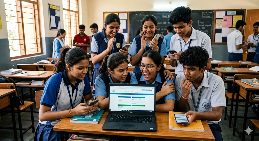 मोबाइल और लैपटॉप पर MP Board 10वीं-12वीं का रिजल्ट चेक करते छात्र, चेहरे पर उत्सुकता और तनाव के भाव दिखाई दे रहे हैं.