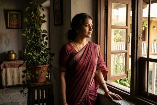 खिड़की के पास खड़ी एक महिला, बंधनों से आज़ादी की ओर बढ़ती हुई