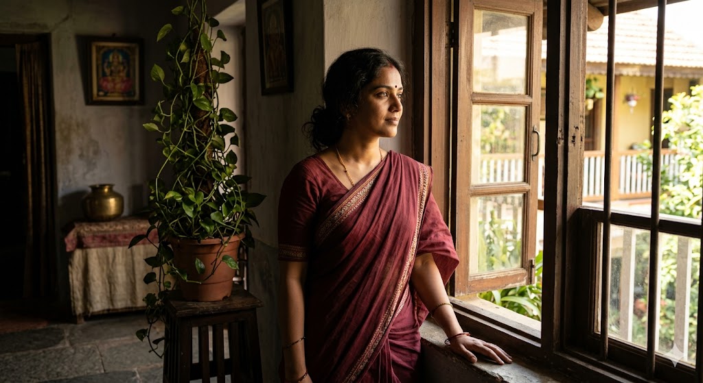 खिड़की के पास खड़ी एक महिला, बंधनों से आज़ादी की ओर बढ़ती हुई