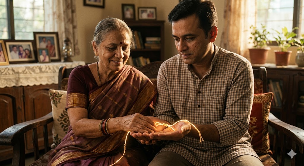 alt text: Two hands gently holding a symbolic thread representing relationships, warm emotional atmosphere, soft light, trust, balance, connection, meaningful human bond, realistic artistic scene.