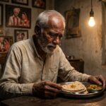 आँखों में आँसू लिए एक बुजुर्ग व्यक्ति थाली में रखी रोटियों को देखता हुआ, अकेलेपन और भावनात्मक पीड़ा को दर्शाता हुआ दृश्य।
