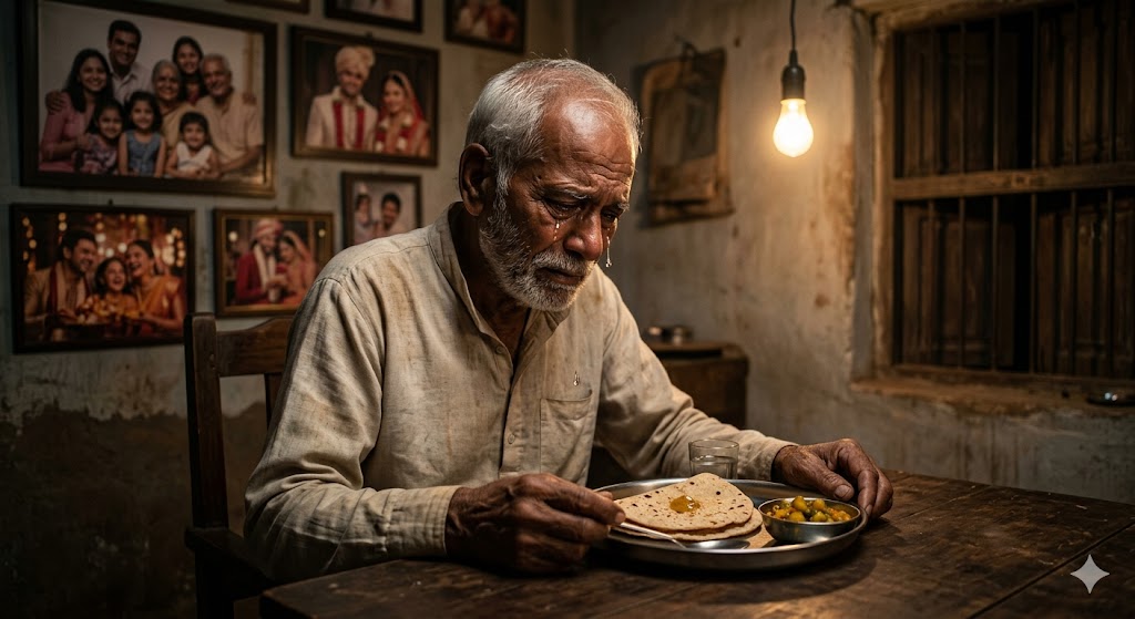 आँखों में आँसू लिए एक बुजुर्ग व्यक्ति थाली में रखी रोटियों को देखता हुआ, अकेलेपन और भावनात्मक पीड़ा को दर्शाता हुआ दृश्य।