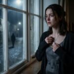 खिड़की के पास खड़ा एक व्यक्ति, आंखों में आंसू और दूर किसी की याद में डूबा हुआ भावनात्मक दृश्य