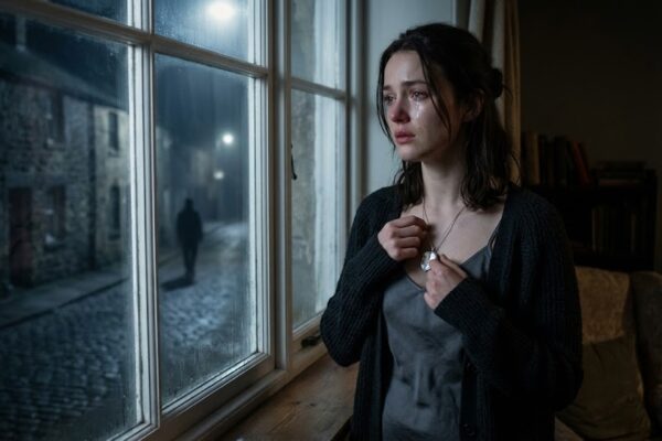 खिड़की के पास खड़ा एक व्यक्ति, आंखों में आंसू और दूर किसी की याद में डूबा हुआ भावनात्मक दृश्य