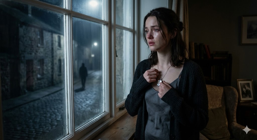 खिड़की के पास खड़ा एक व्यक्ति, आंखों में आंसू और दूर किसी की याद में डूबा हुआ भावनात्मक दृश्य