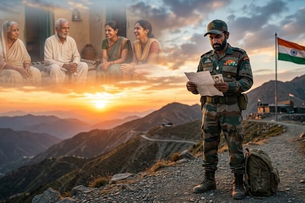 भारतीय सैनिक की वर्दी में खड़ा जवान, पृष्ठभूमि में तिरंगा और भावनात्मक माहौल