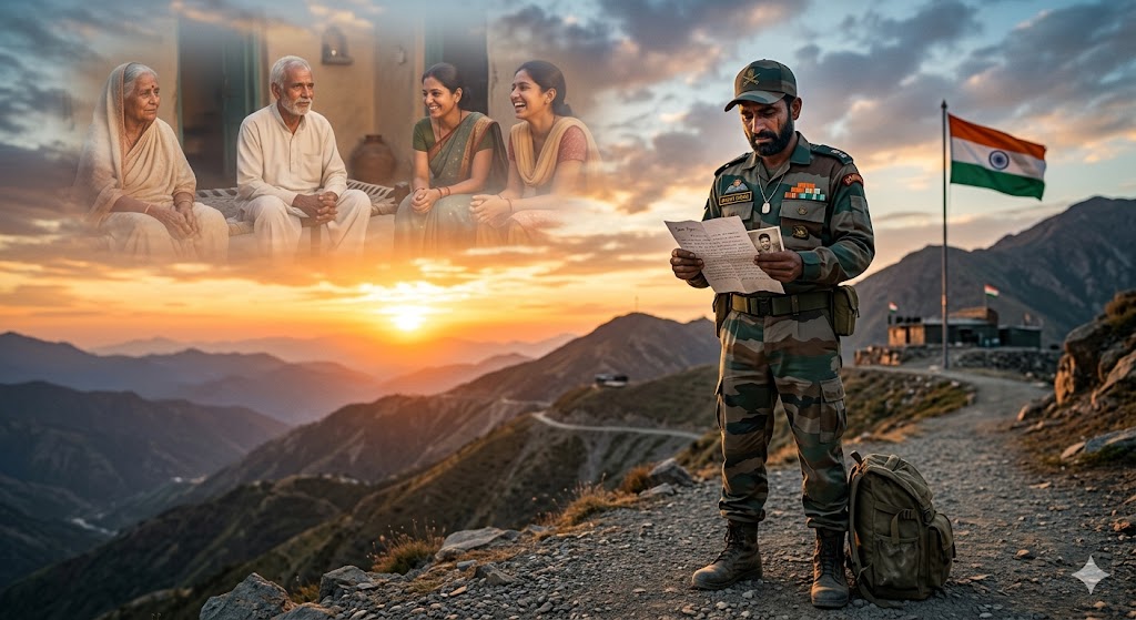 भारतीय सैनिक की वर्दी में खड़ा जवान, पृष्ठभूमि में तिरंगा और भावनात्मक माहौल