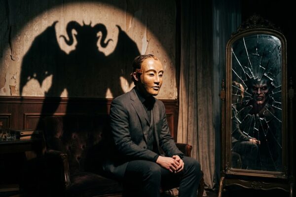 मानव चेहरे के पीछे छिपे दानव रूप को दर्शाता एक व्यक्ति, झूठ और सच्चाई के द्वंद्व को दिखाता दृश्य।