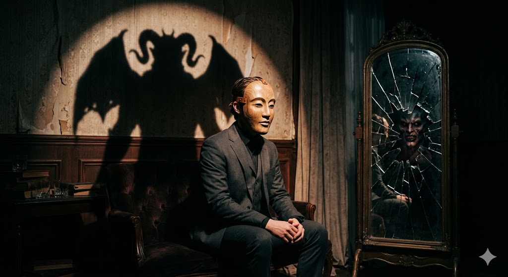 मानव चेहरे के पीछे छिपे दानव रूप को दर्शाता एक व्यक्ति, झूठ और सच्चाई के द्वंद्व को दिखाता दृश्य।