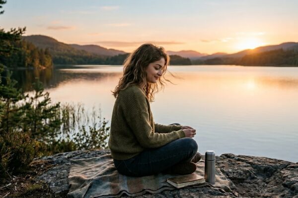 शांत प्राकृतिक वातावरण में झील किनारे बैठी एक युवती, जो गहरे विचारों में डूबी हुई आत्म-चिंतन कर रही है