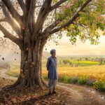 एक भावनात्मक दृश्य जिसमें एक व्यक्ति पीपल के पेड़ के नीचे खड़ा है, पतझड़ के पत्ते गिर रहे हैं और आसपास बदलते मौसम के साथ प्रकृति में आशा और स्मृतियों का प्रतीकात्मक चित्रण है