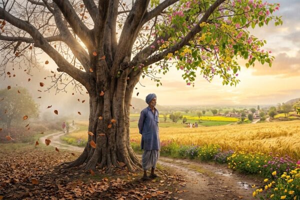 एक भावनात्मक दृश्य जिसमें एक व्यक्ति पीपल के पेड़ के नीचे खड़ा है, पतझड़ के पत्ते गिर रहे हैं और आसपास बदलते मौसम के साथ प्रकृति में आशा और स्मृतियों का प्रतीकात्मक चित्रण है