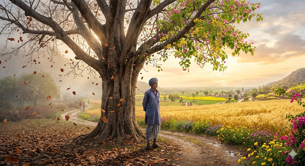 एक भावनात्मक दृश्य जिसमें एक व्यक्ति पीपल के पेड़ के नीचे खड़ा है, पतझड़ के पत्ते गिर रहे हैं और आसपास बदलते मौसम के साथ प्रकृति में आशा और स्मृतियों का प्रतीकात्मक चित्रण है