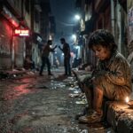 अंधेरी गली में भूखा बच्चा, पृष्ठभूमि में झगड़ा और सामने जलता हुआ दीया, जो उम्मीद का प्रतीक है.