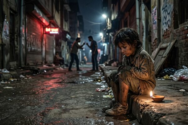 अंधेरी गली में भूखा बच्चा, पृष्ठभूमि में झगड़ा और सामने जलता हुआ दीया, जो उम्मीद का प्रतीक है.