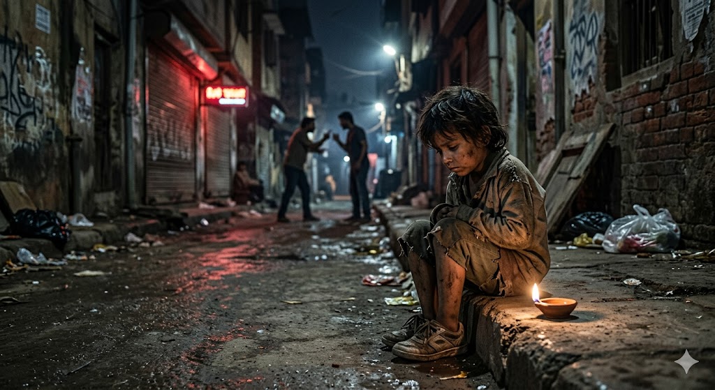अंधेरी गली में भूखा बच्चा, पृष्ठभूमि में झगड़ा और सामने जलता हुआ दीया, जो उम्मीद का प्रतीक है.