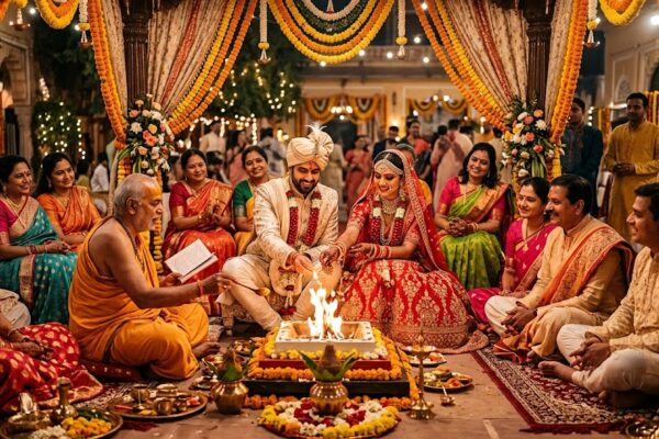 भारतीय शादी का पारंपरिक मंडप और अक्षय तृतीया के शुभ मुहूर्त में विवाह समारोह