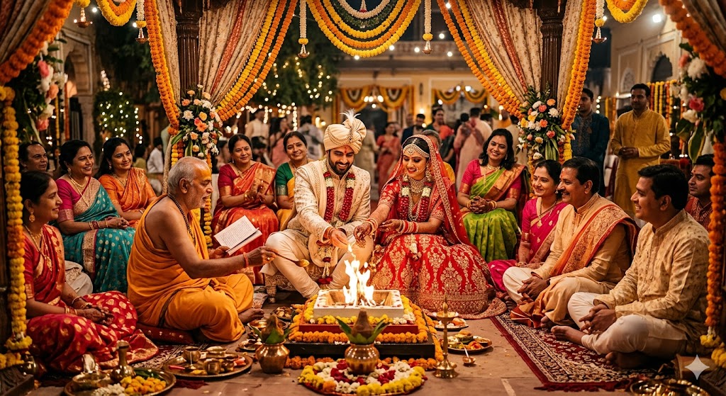 भारतीय शादी का पारंपरिक मंडप और अक्षय तृतीया के शुभ मुहूर्त में विवाह समारोह