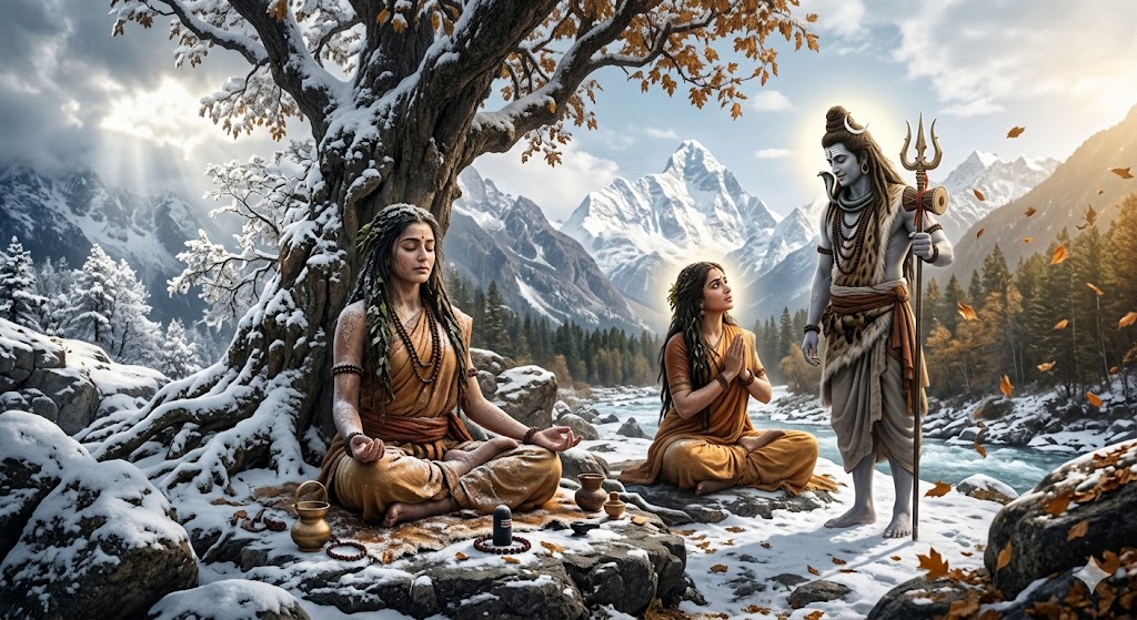 शिव पार्वती का दिव्य मिलन दर्शाती भावपूर्ण हिंदी कविता, तप और समर्पण का प्रतीक