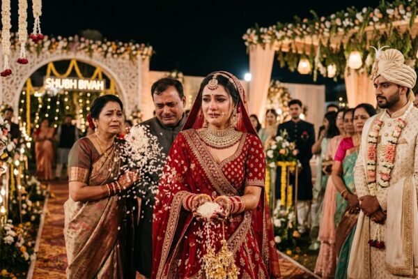 लाल जोड़े में सजी एक भारतीय दुल्हन विदाई के समय आँसुओं से भरी आँखों के साथ पीछे की ओर चावल फेंकती हुई दिख रही है, पास में खड़े माता-पिता भावुक हैं और शादी का सजा हुआ मंडप पृष्ठभूमि में दिखाई दे रहा है।