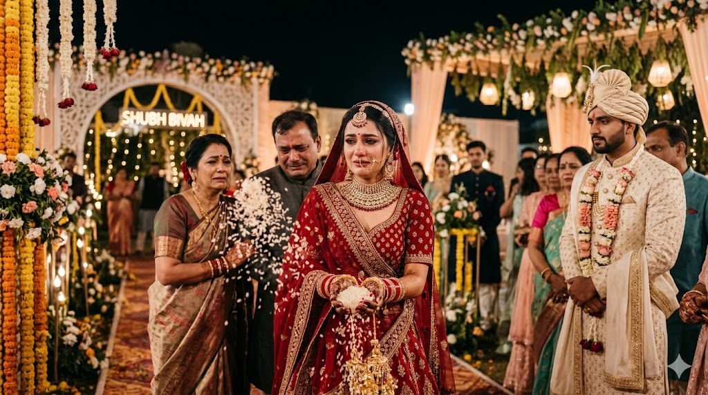 लाल जोड़े में सजी एक भारतीय दुल्हन विदाई के समय आँसुओं से भरी आँखों के साथ पीछे की ओर चावल फेंकती हुई दिख रही है, पास में खड़े माता-पिता भावुक हैं और शादी का सजा हुआ मंडप पृष्ठभूमि में दिखाई दे रहा है।