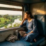 ट्रेन की साइड लोअर बर्थ पर बैठा व्यक्ति खिड़की से बाहर देखते हुए, सफ़र और भावनाओं में खोया हुआ
