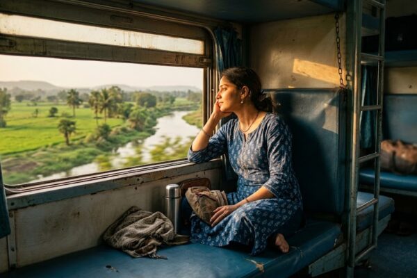 ट्रेन की साइड लोअर बर्थ पर बैठा व्यक्ति खिड़की से बाहर देखते हुए, सफ़र और भावनाओं में खोया हुआ