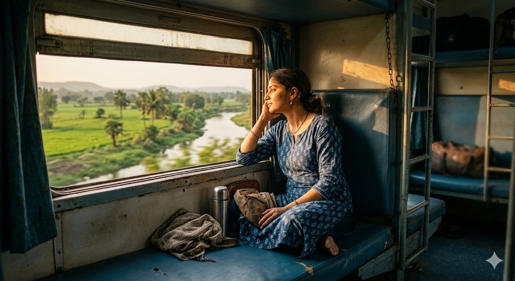 ट्रेन की साइड लोअर बर्थ पर बैठा व्यक्ति खिड़की से बाहर देखते हुए, सफ़र और भावनाओं में खोया हुआ