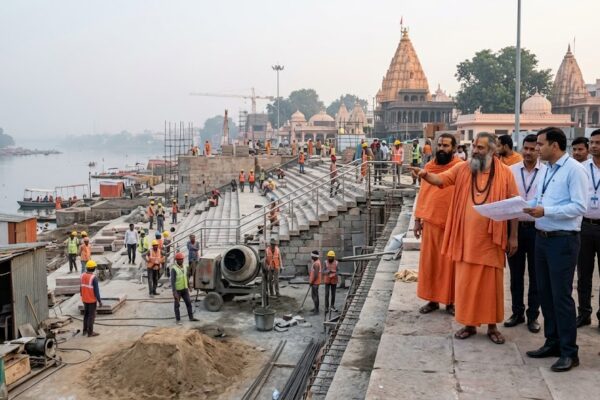 उज्जैन में सिंहस्थ 2028 की तैयारियों के दौरान शिप्रा नदी के घाटों का निरीक्षण करते साधु-संत और अधिकारी 📝 Social Media Caption